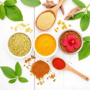“Various Ayurvedic powders in wooden spoons – natural immunity boosters – Prakruti Aura”