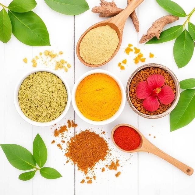 “Various Ayurvedic powders in wooden spoons – natural immunity boosters – Prakruti Aura”